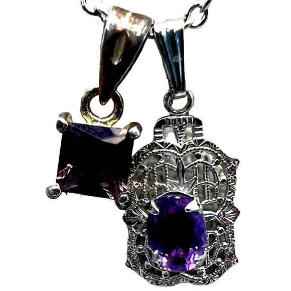 Sterling Silver & Amethyst Necklace With Double Pendants.  B26 - Picture 2 of 11